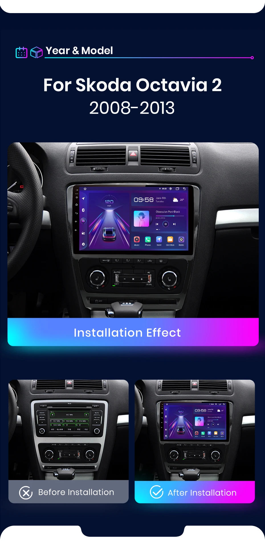 Junsun V1 AI Voice Wireless CarPlay Android Auto Radio for SKODA Octavia 2 A5 2008-2013 4G Car Multimedia GPS 2din autoradio