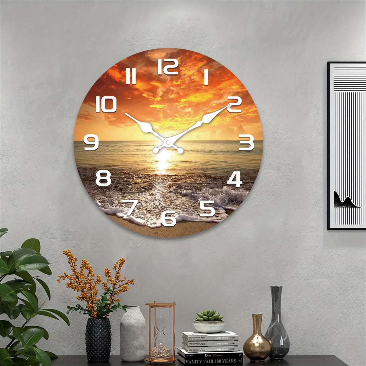 1pc Beach decorative wall clock, Sea, beach, neon, sunset design wall clock, wooden silent clock, Living Room bedroom, Room deco