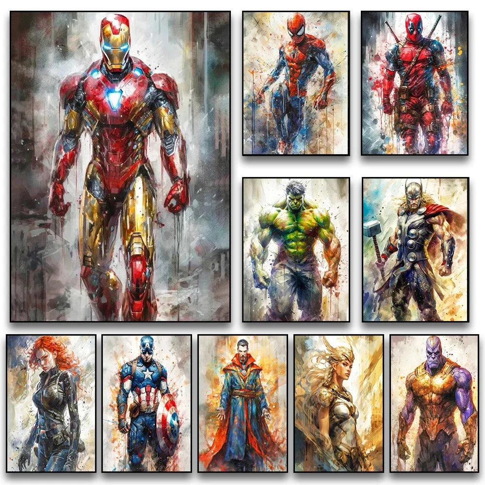 1pc Frameless Canvas Painting Marvel Movie Art Poster Spider Man Iron Man Deadpool Canvas Painting Classic Anime Character Mural