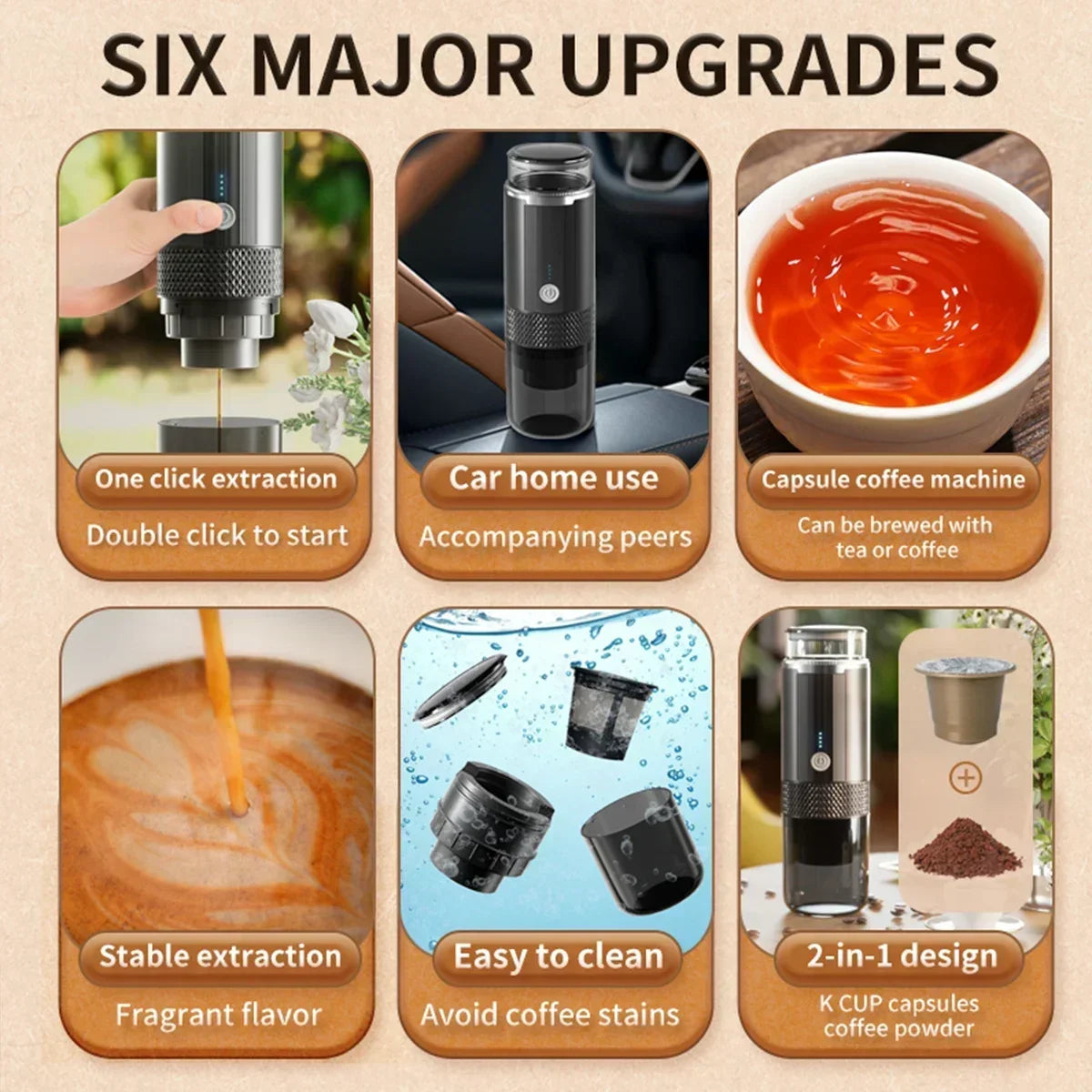 Portable electric coffee machine is suitable for ground coffee and KCUP capsules, but it does not have a heating function