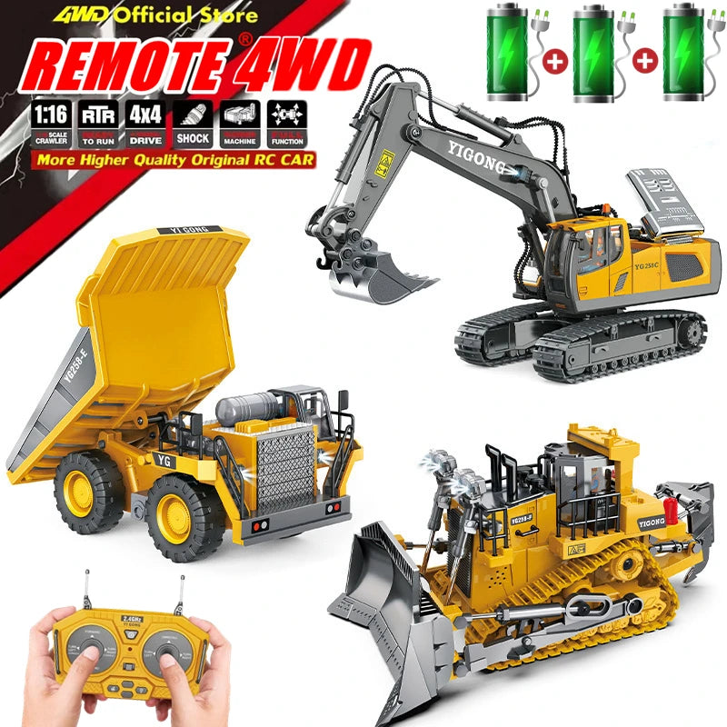 4WD Remote Control Excavator 4x4 Alloy Dump Truck Bulldozer Radio Model RC Car Construction Vehicle with Lights Sound Toy Gift