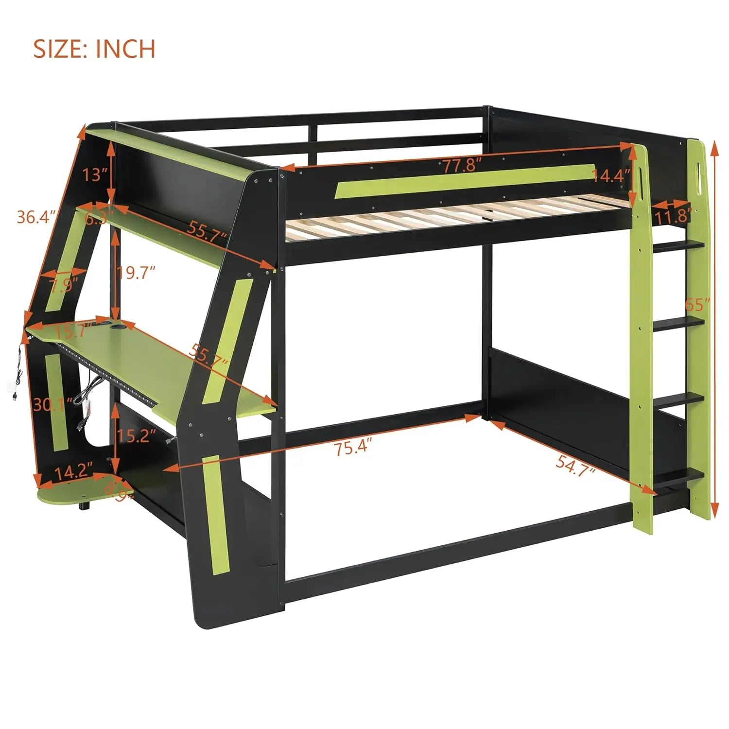 Gaming Bunk Bed with Side-Mounted Oversized RGB Desk, USB Charging Ports & Cable Grommet, LED Light Strip,, Customized
