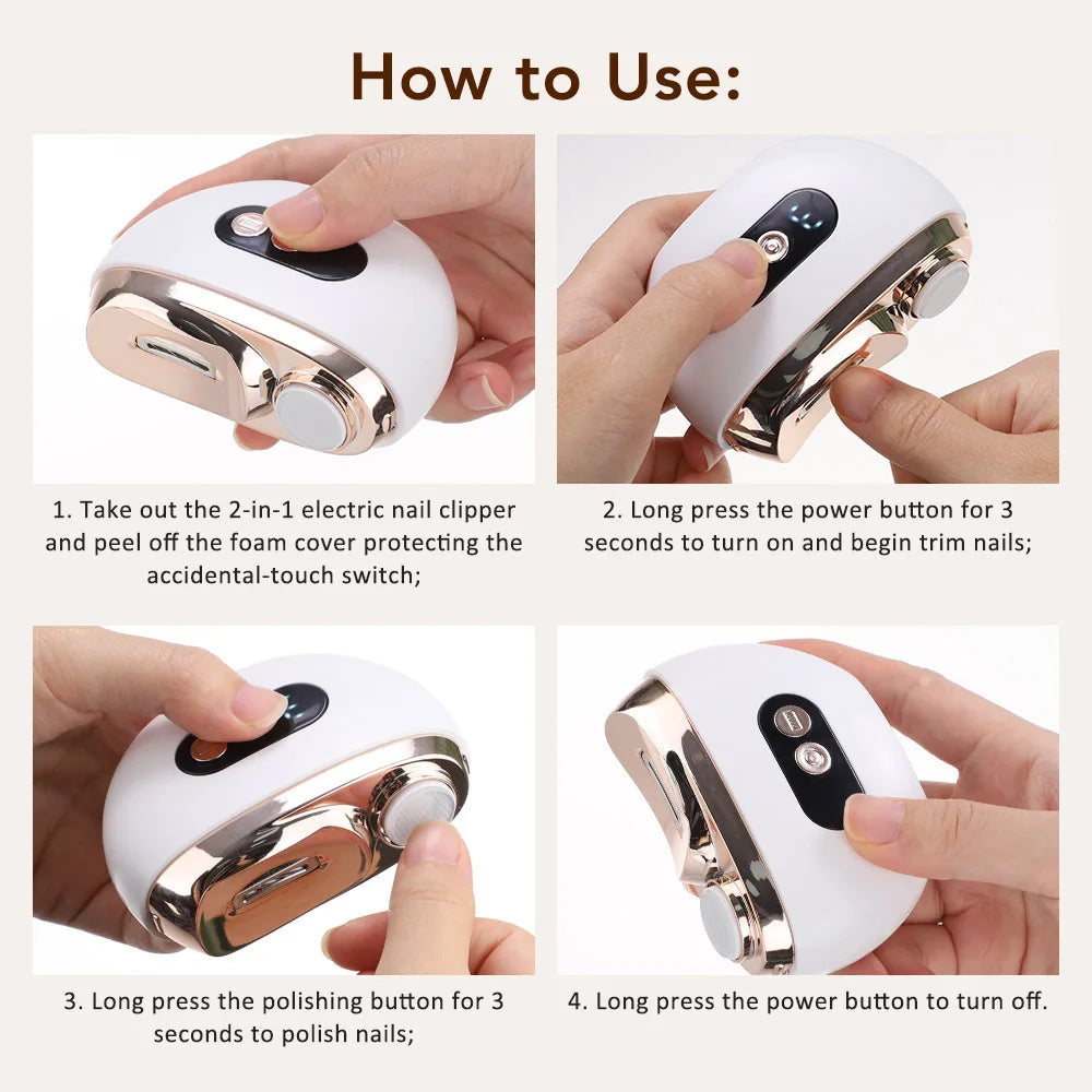 2 in 1 Multi-functional Electric Nail Clipper 3-Speed Nail Polishing Auto Nail Trimmer Scissor File with LED Light for Kid Adult