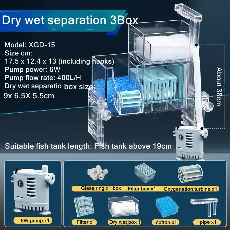 New Fish Tank Waterfall Filter Box Wall Mounted Built-in Silent Circulating Water Purifier For Aquarium Tank Box With Water Pump