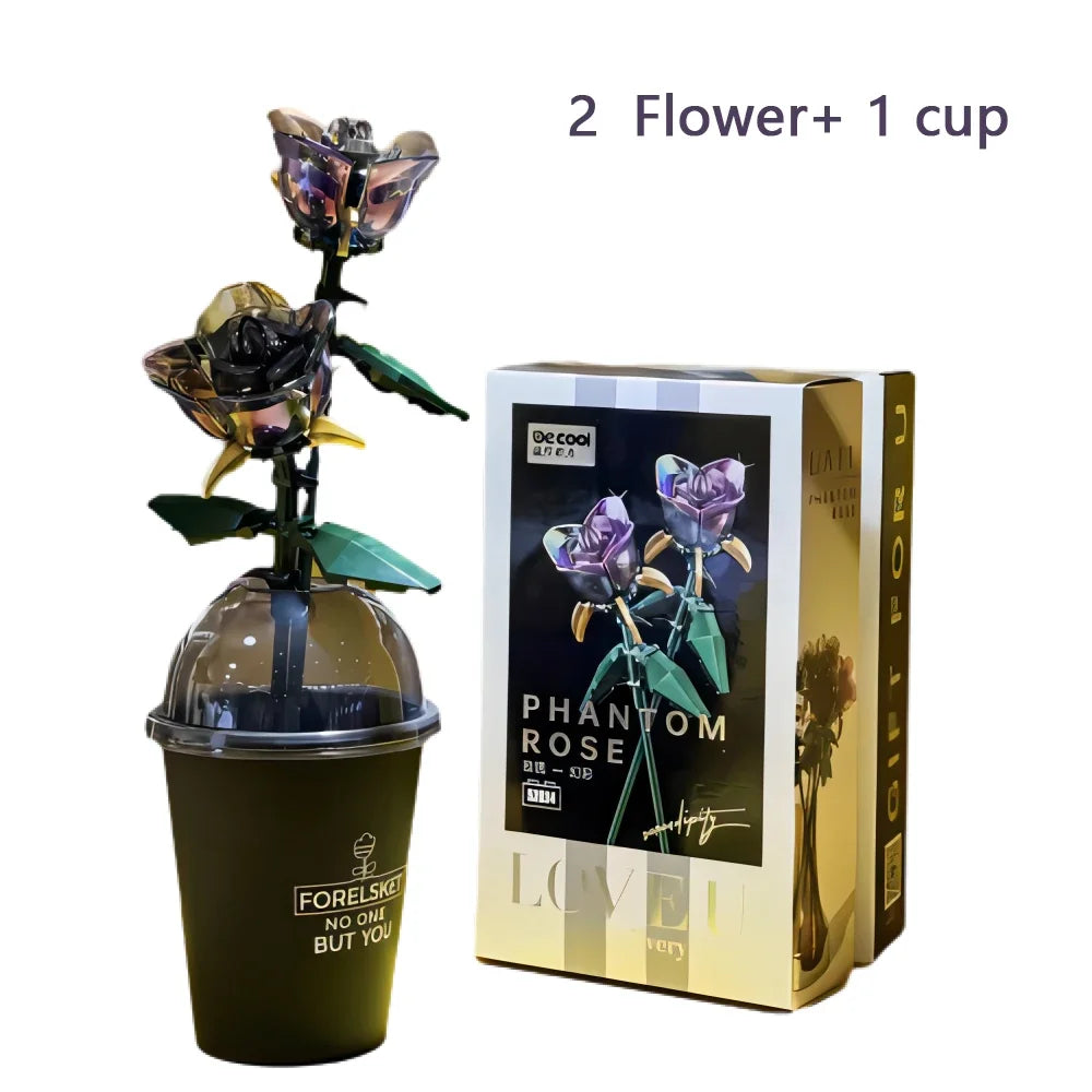 Knew Built Black Rose Flower Building Blocks 3D Model Bouquet Red Yellow Flower Brick Gift Home Decoration Children Toy with Box