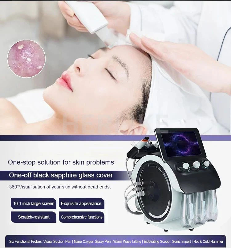 Experience professional skincare with this portable 6-in-1 H2O2 small bubble oxygen facial machine. Improve skin hydration, exfoliate with microdermabrasion, and promote a fresh, glowing complexion with this versatile device!