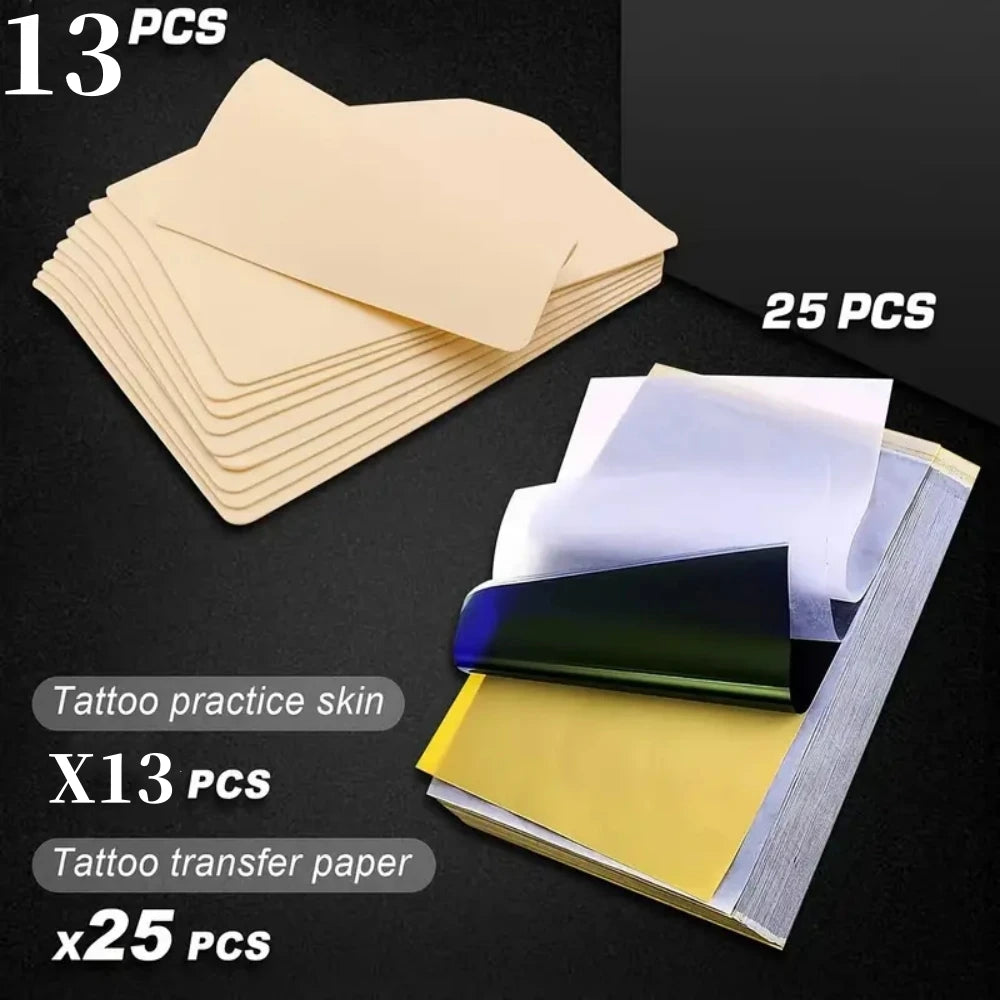 38pcs Tattoo Kit 13pcs Tattoo Skin Practice And 25pcs Transfer Paper Set Double Sides Tattoo Training Skin Tattoo Supplies HOT