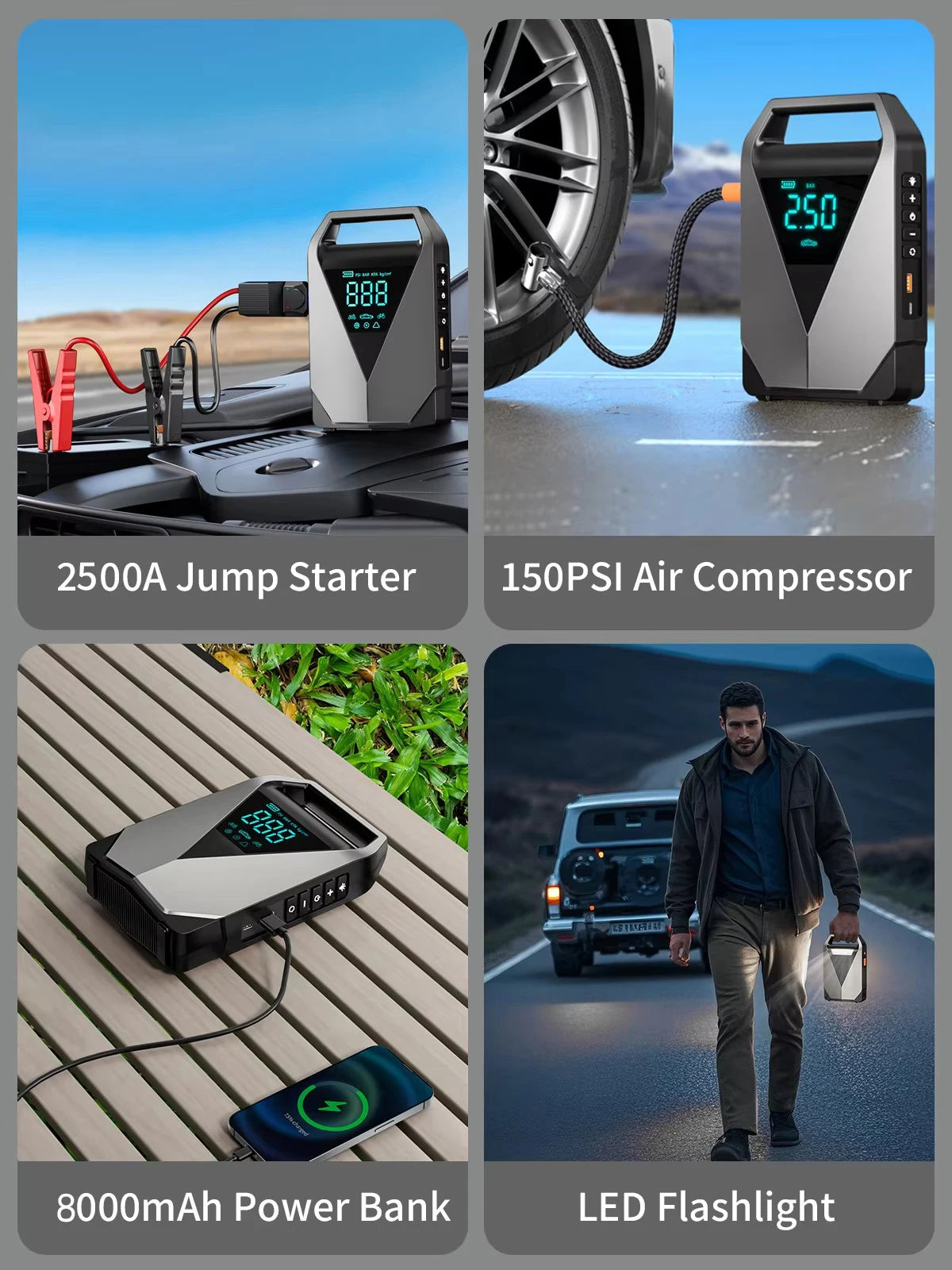 Be prepared on the road with this portable car jump starter and 150PSI air compressor—jump your battery and inflate tires anytime, anywhere!