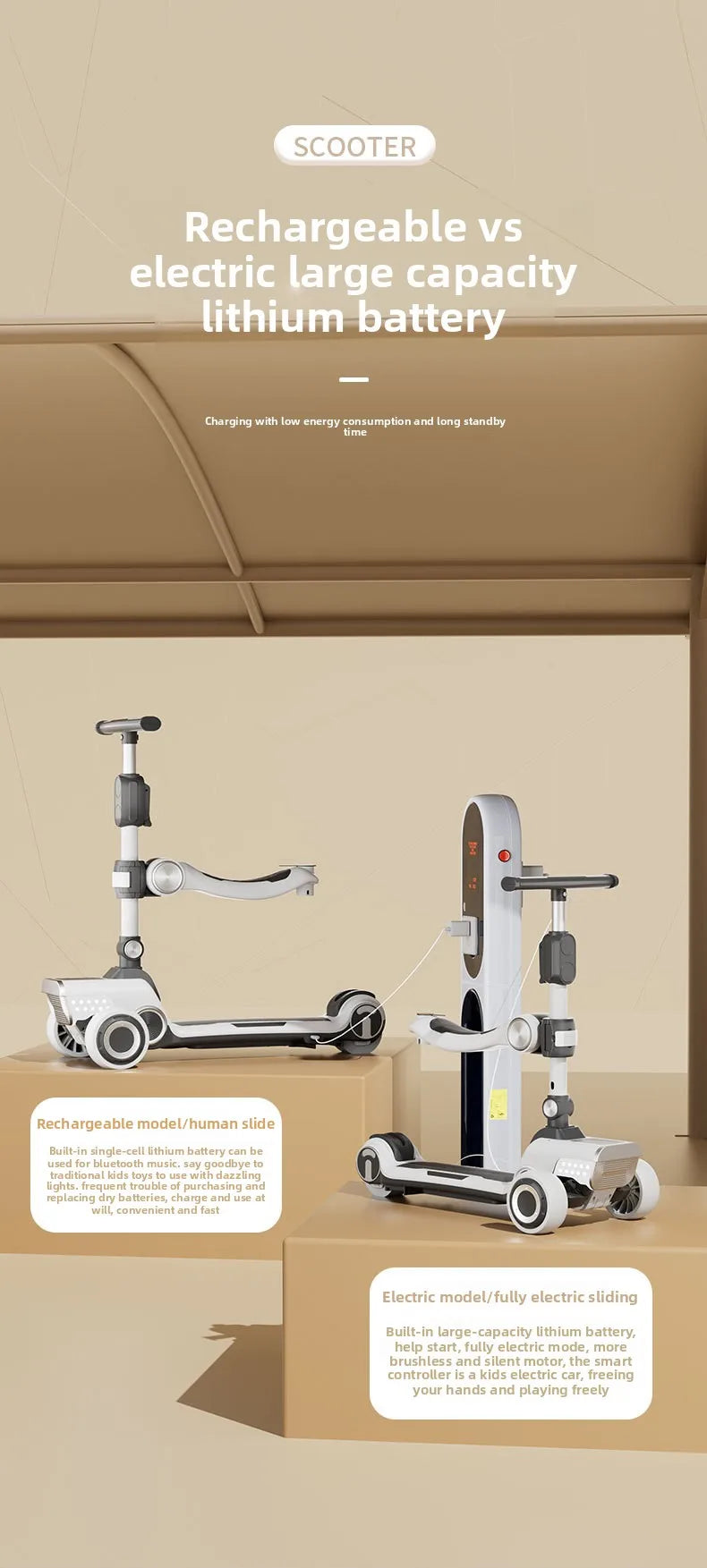 Rechargeable electric scooter for children, foldable and fun with widened design.