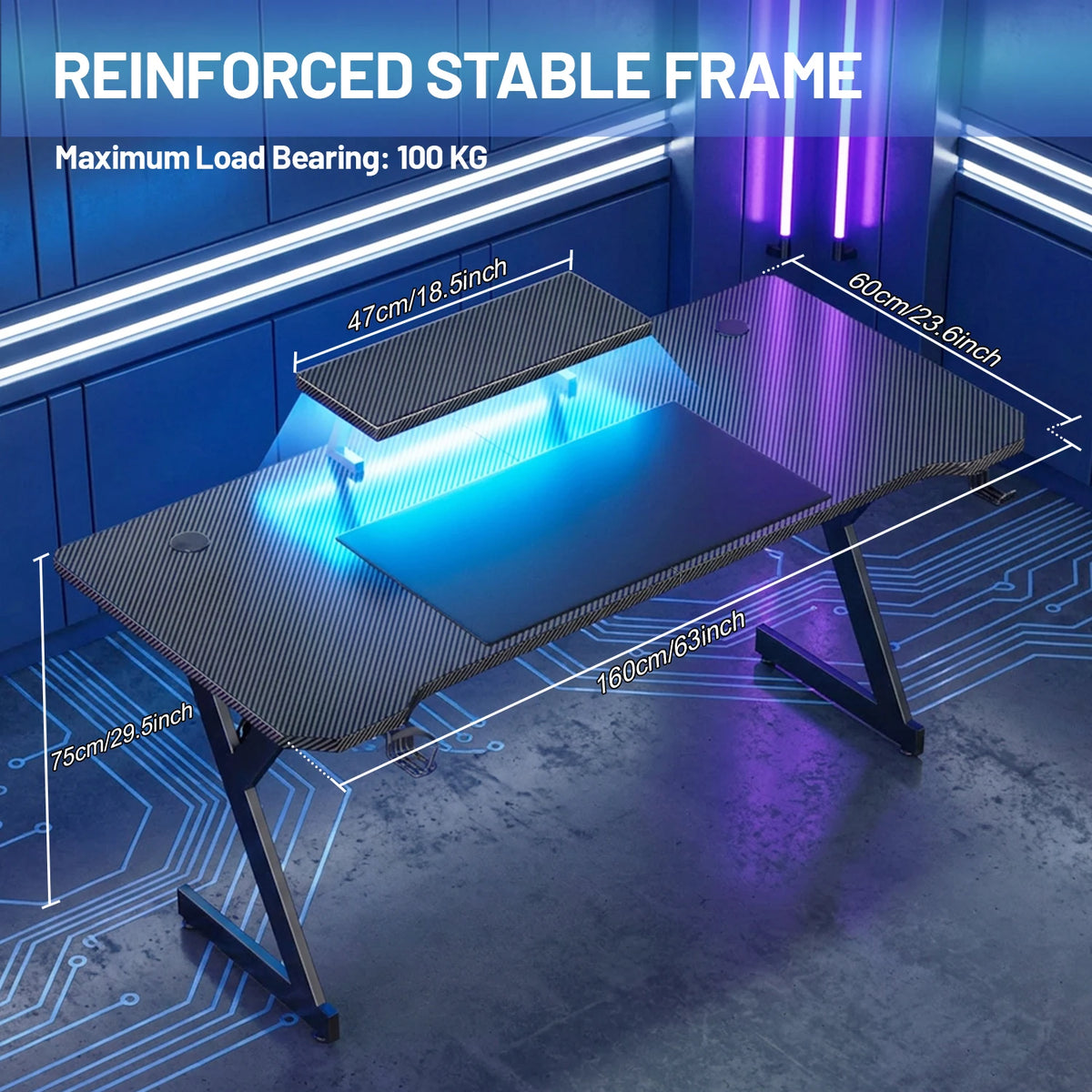NEBMAAX Gaming Desk with LED Lights, Ergonomic Monitor Stand & Cup Holder, Large Computer Desk with Headphone Hook for Home Office, Black