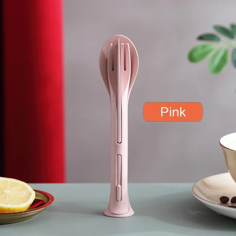 3Pcs Portable Tableware Set Wheat Straw Dinnerware Detachable Cutlery Travel Tableware Picnic Dinnerware Set Camping Cutlery Set