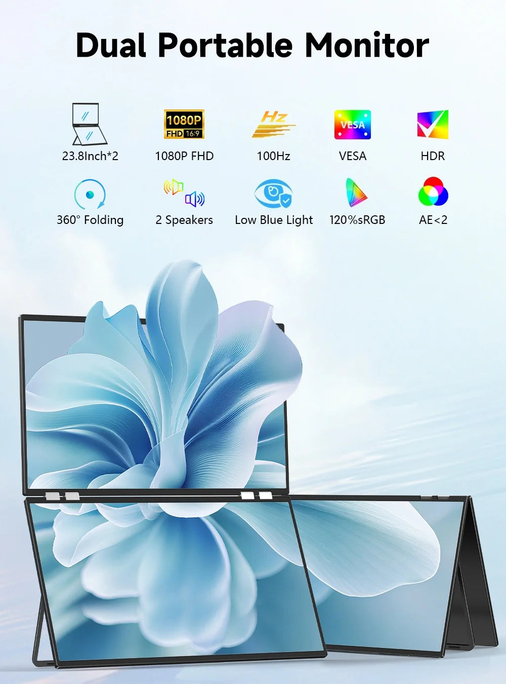 UPERFECT 23.8' 100Hz Dual Portable Monitor 120% SRGB 360° Adjustable Dual Stacked Folding Monitor (Wins/Mac) 1080P Laptop Screen