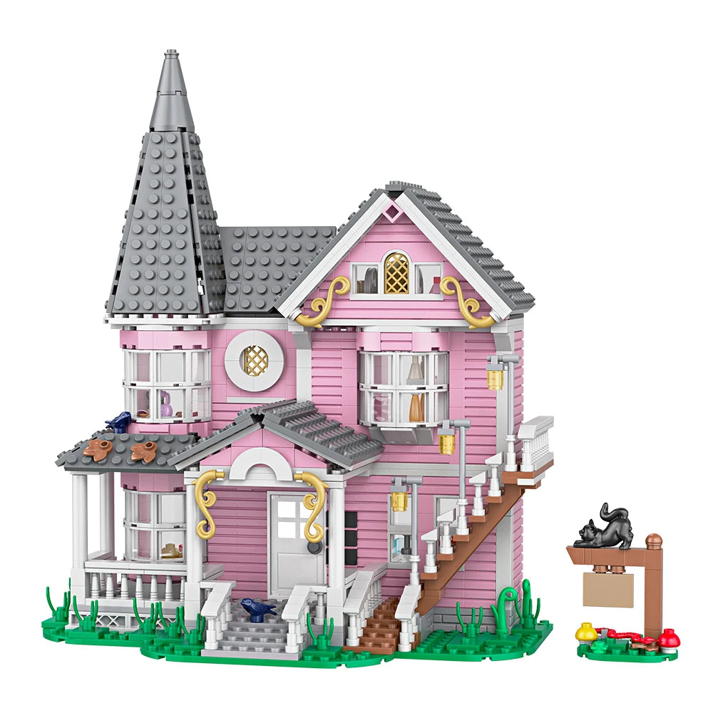 958pcs City Street View Series Pink Castle Apartments Model Building Blocks MOC Kitten Windmill Bricks Creative Toys Girls Gifts