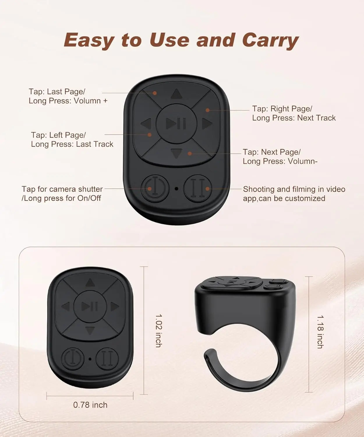 Scroll, snap, and control with ease using this TikTok scrolling ring! Compatible with iPhone, iPad, and Android devices via Bluetooth. Features remote page turning, camera shutter, short video, and music controls—all from your finger!