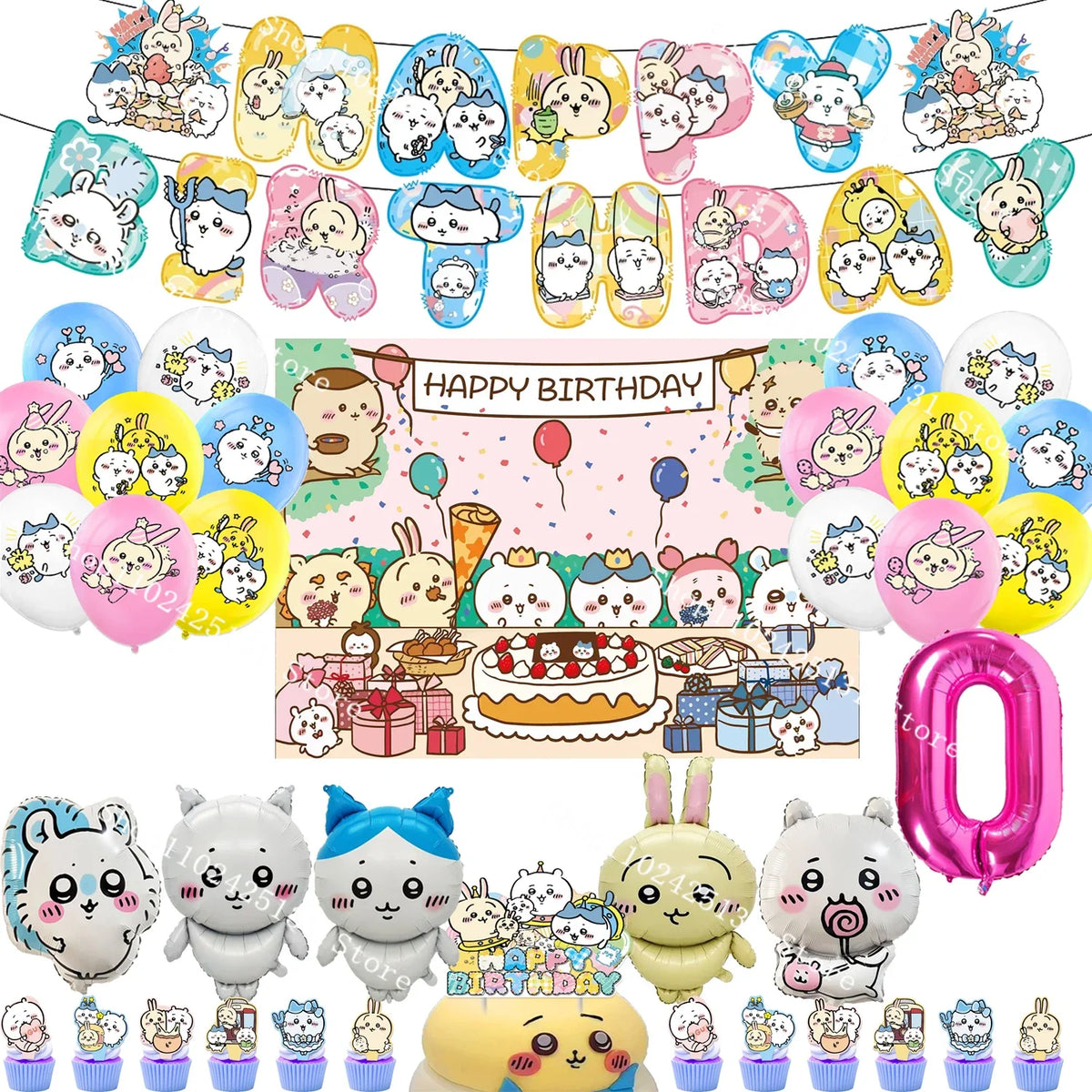 Chiikawa kawaii Happy Birthday Party Decorations Cute plate Banner Cake Topper Flag Balloons Disposable tableware Decorations