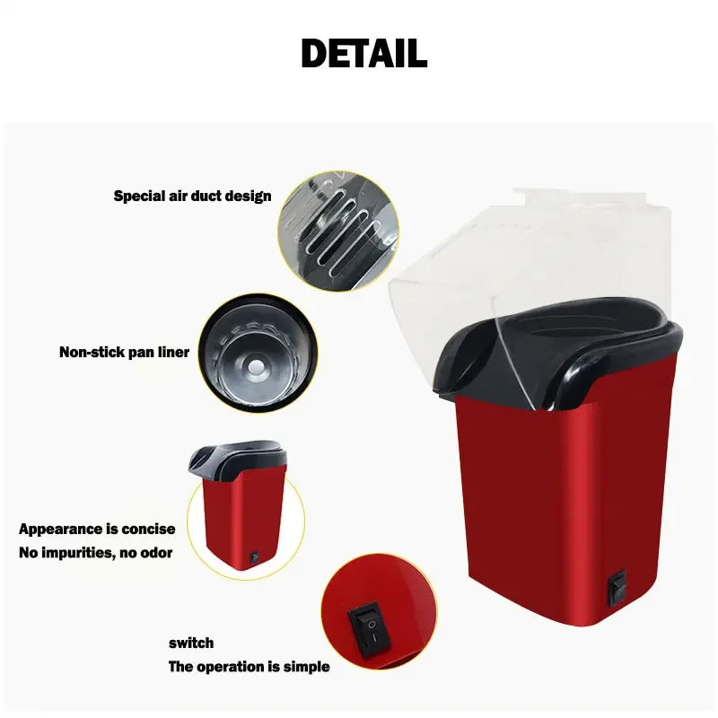 Indulge in quick and tasty snacks at home with this premium electric popcorn maker. The mini hot air corn popper features fast heating and a stylish design, making it perfect for convenient and delicious popcorn treats!