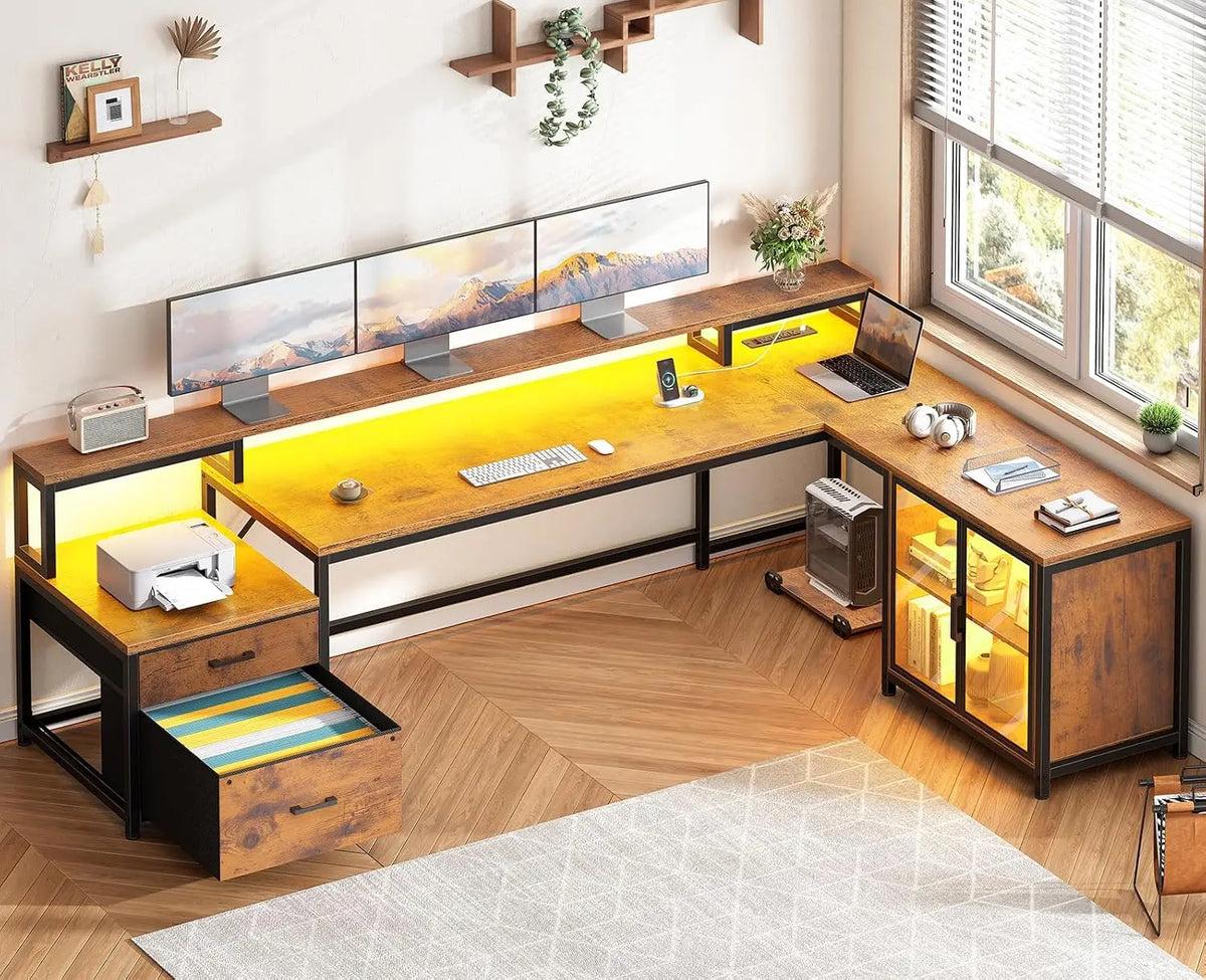 78.7" Large L Shaped Corner Gaming Computer Desk,Drawers,Power Outlet & LED Lights, Customized