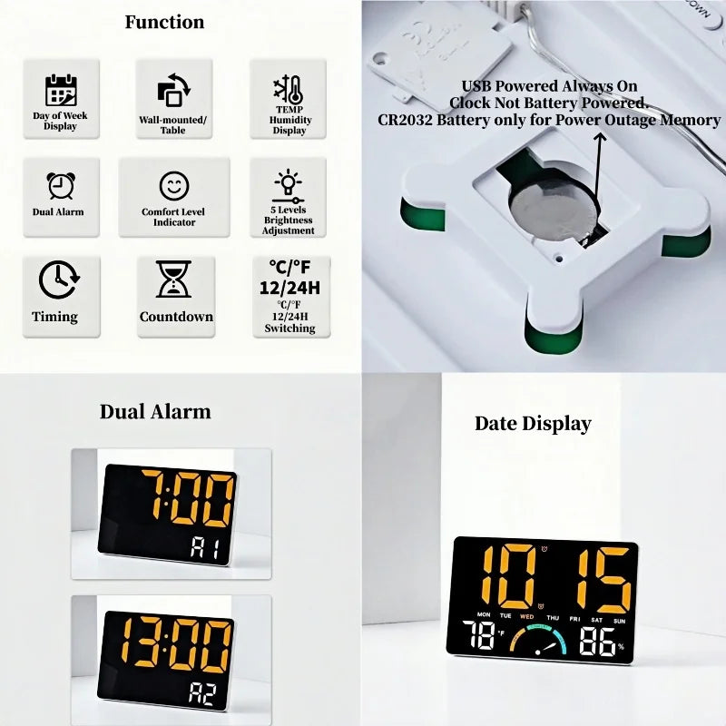 Large Digital Wall Clock TEMP Humidity Week Comfort Level 2 Alarm Snooze Table Clock 12/24H Count-up Countdown LED Clock