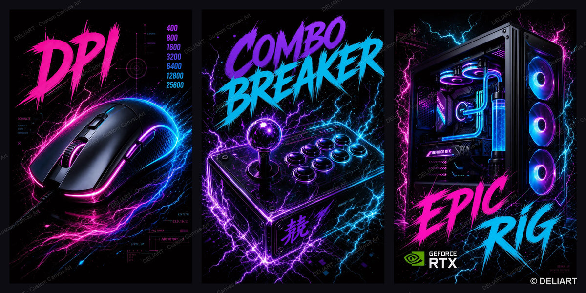 1 & 3 PCS Set Neon Gaming Posters Canvas Wall Art Print Gamepad Gamer Room Decor Esports Gift for Boys Teens Unframed