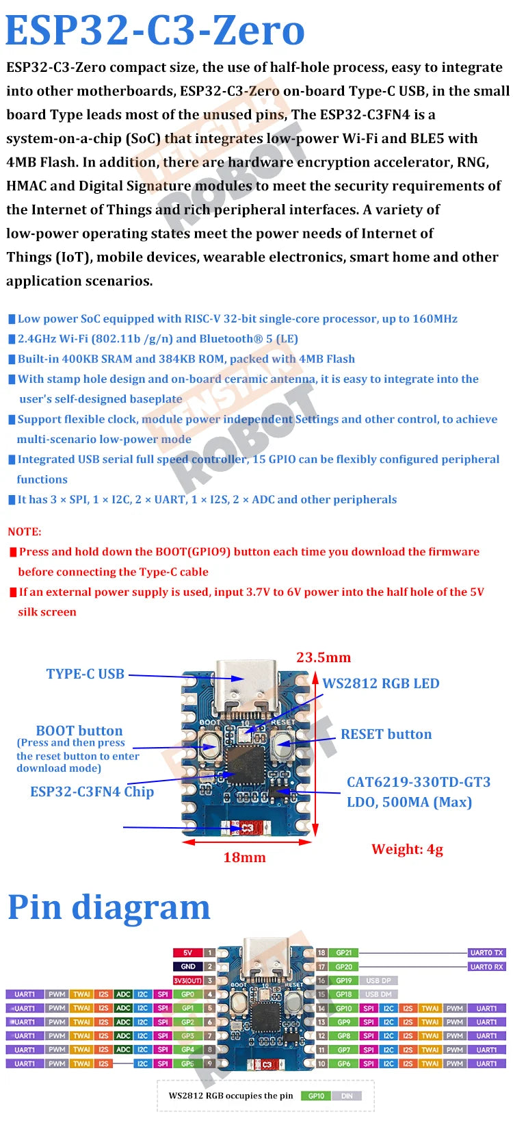 TENSTAR ESP32-S3-Zero ESP32-C3-Zero Mini Development Board WiFi Bluetooth Ultra-small Size ESP32-S3-FH4R2 C3 Supermini