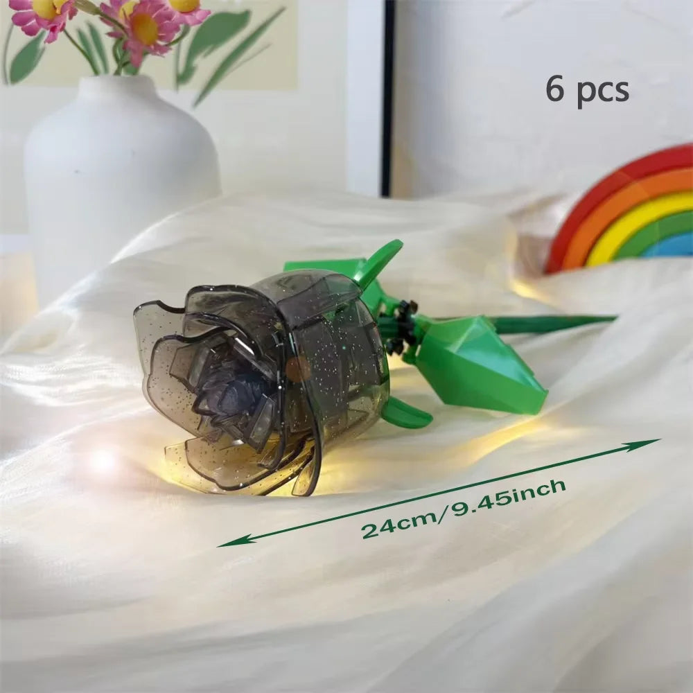 Knew Built Black Rose Flower Building Blocks 3D Model Bouquet Red Yellow Flower Brick Gift Home Decoration Children Toy with Box