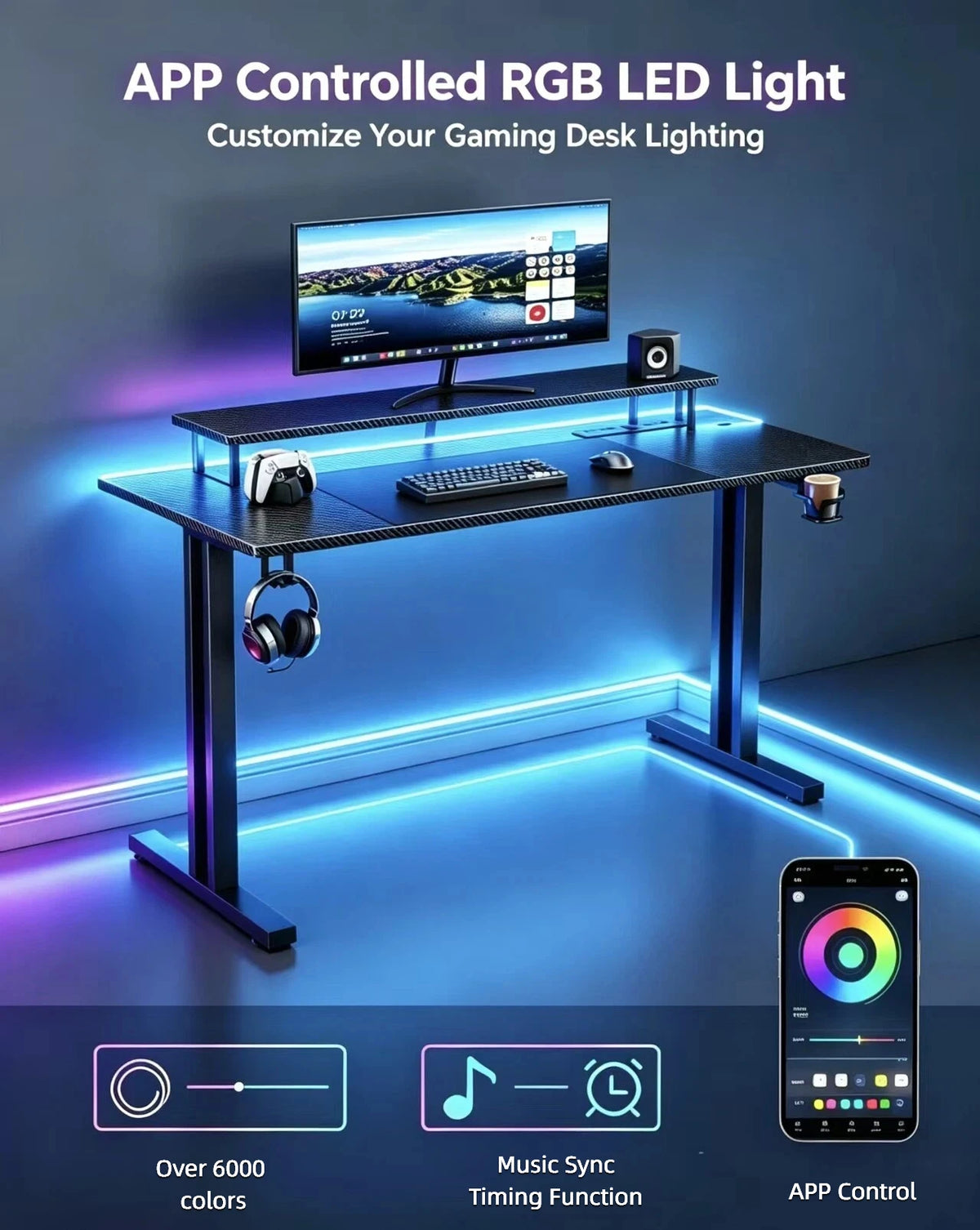 RGB Gaming Desk with Adjustable LED Lights, Carbon Fiber Surface, Detachable Monitor Stand & Built-in Power Strip, Home Office Computer Gaming Table with Cup Holder Headset Hook for Streaming Work Game