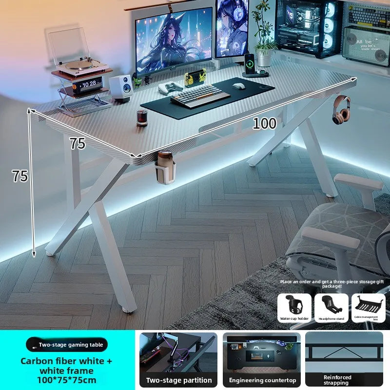 Two-Section Split Solid Wood Computer Gaming Desk  | Ergonomic Home Office Workstation Furniture in Carbon Fiber Style