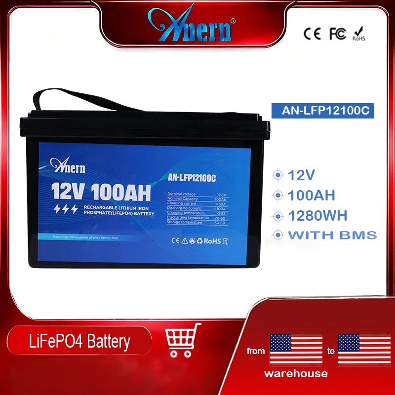 Anern High Quality 2560WH 12V/24V 100Ah LiFePO4 Lithium Battery Built-in BMS for Inverter Motorhome Solar System Boat Household