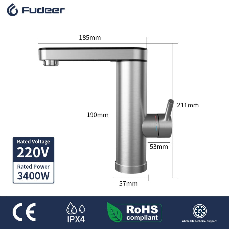 Fudeer 3000W 220V Electric Kitchen Water Heater Tap Instant Hot stainless steel Water Faucet Heater Cold Heating Faucet