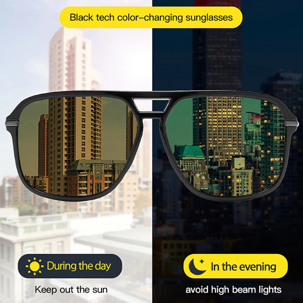 VIVIBEE Men Polarized Night Vision Glasses Yellow Retro Square Oversized Photochromic Goggles Women Fashion Driving Sunglasses