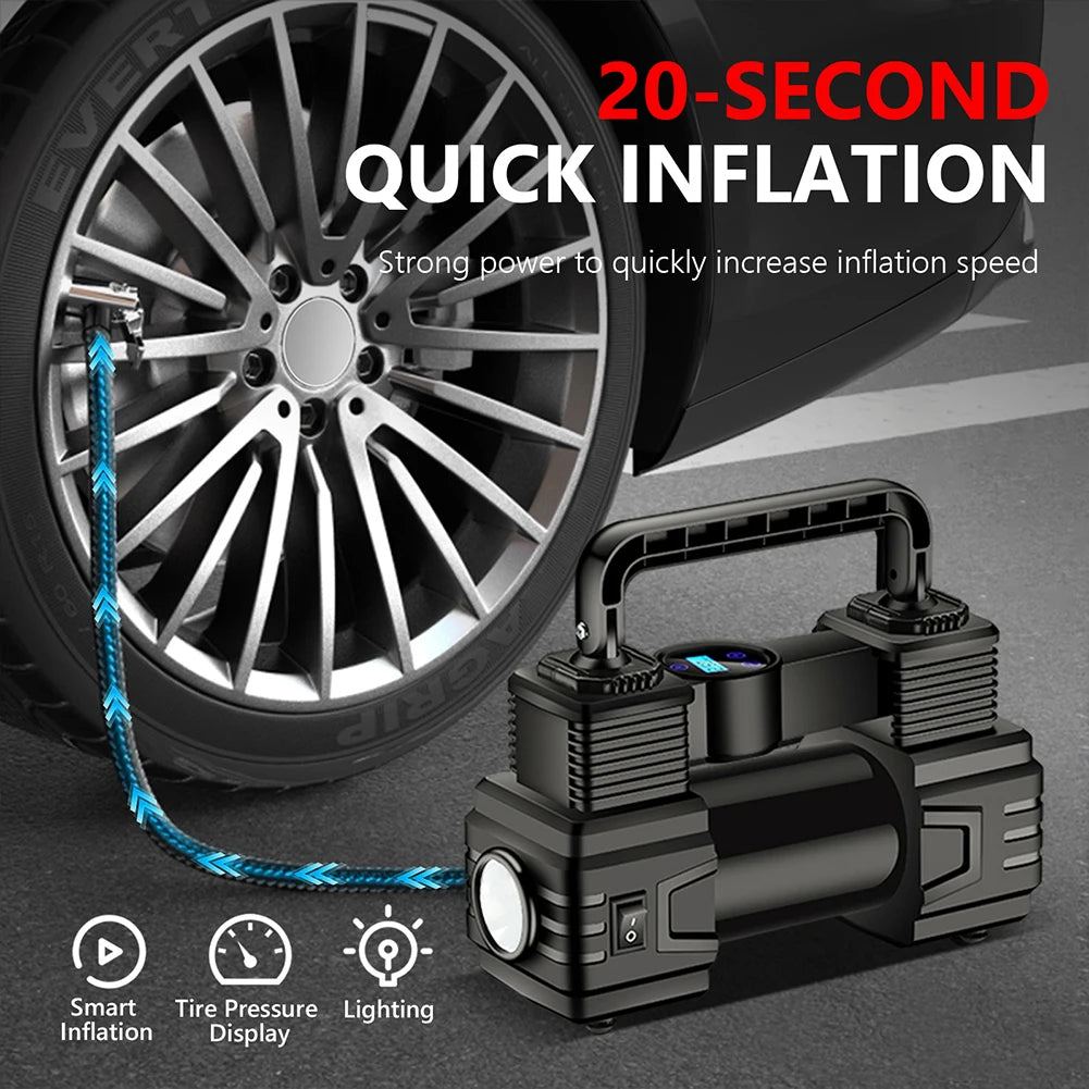 12V 150PSI Mini Air Compressor Dual Cylinder Heavy Duty Tire Inflator with LED Light Car Electric Air Pump Auto Inflatable Pump