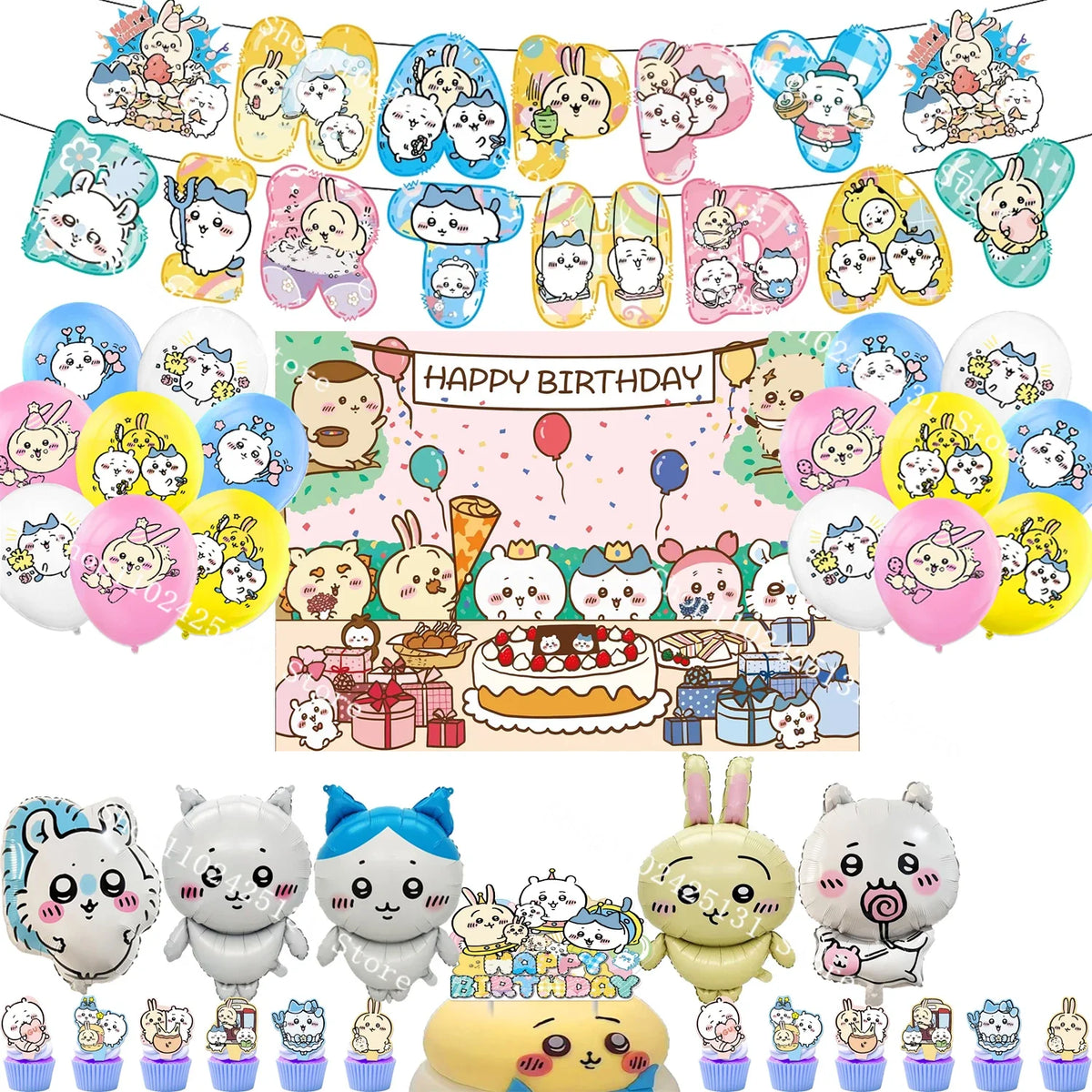 Chiikawa kawaii Happy Birthday Party Decorations Cute plate Banner Cake Topper Flag Balloons Disposable tableware Decorations