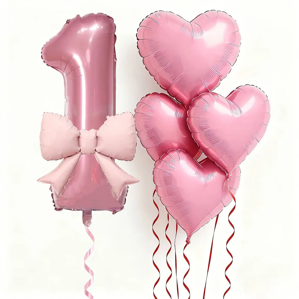 6pcs Pink Bow Heart Balloon with 32Inch Pink Number Foil Balloon for Birthday Party Wedding Engagements Anniversaries Decoration