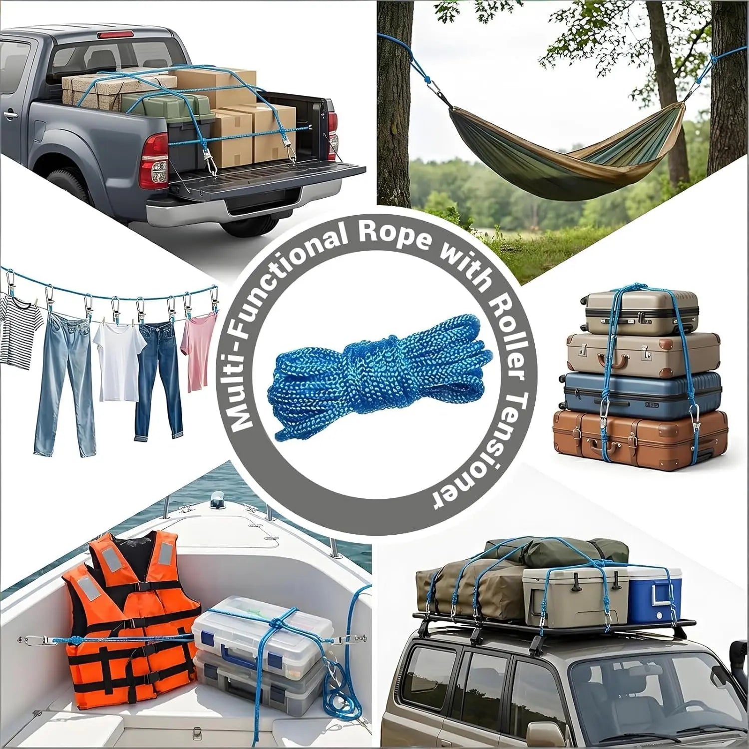 Rope Tying Tool And Tensioner with Roller Tensioner, Heavy-Duty Retractable Buckle with Accessory Rope, Suitable for Camping
