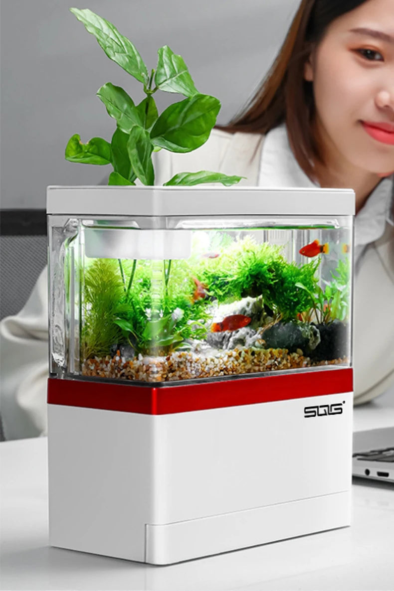 Mini Fish Tank Self-Circulating Fish Tank with Charging Filter Desktop Living Room Household Water Free Ecological Aquarium
