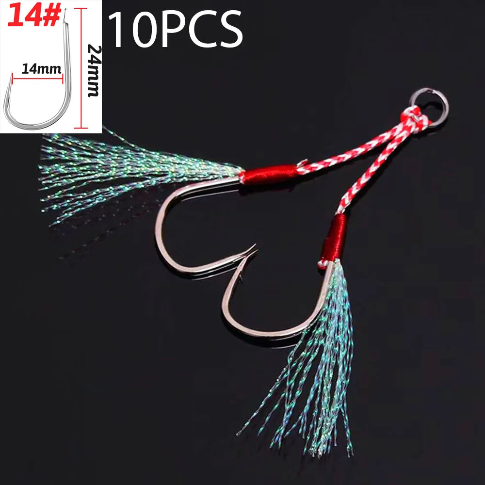 Cast Jig Assist Hook 10PCS/Lot High Carbon Steel Angle Barbed Thread Feather Lake Fishing Tackle Slow Jigging Sea Pesca Fishhook