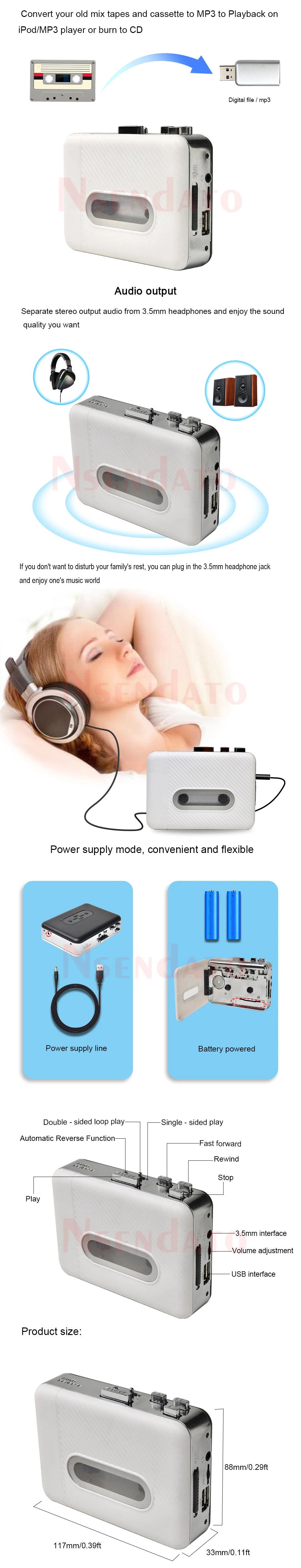 USB Cassette Tape Audio Player to mp3 Converter with Recorder Capture Tape Player Cassette PC for Computer speaker Phone iPod