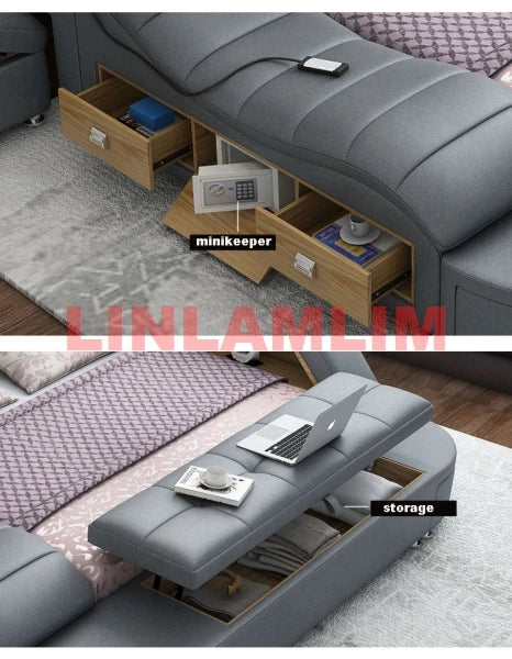 Luxury Upholstered Smart Storage Bed Frame with Bookshelves, USB, Foldable Dresser, Drawers & Headboard Storage, All In One Bed