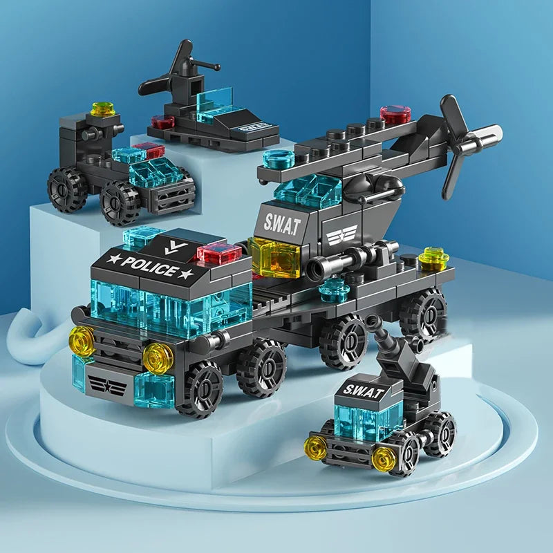 6IN1 Building Blocks City Fire Car Police Truck Engineering Crane Tank Helicopter Bricks Set Toys for Children Kids