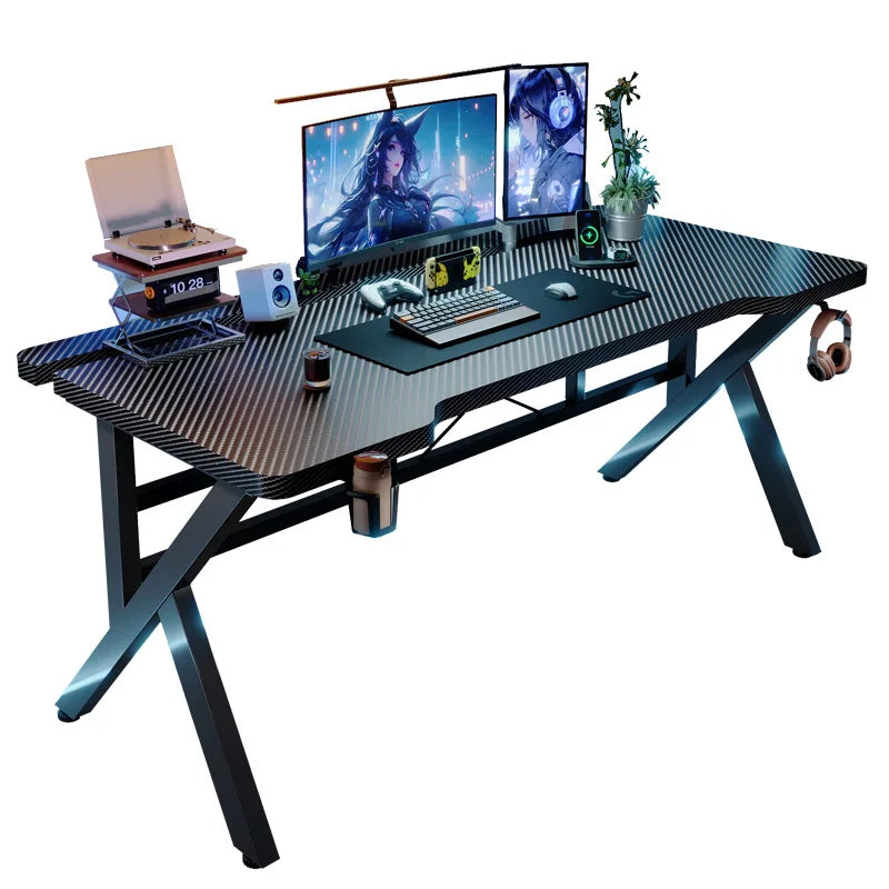 Two-Section Split Solid Wood Computer Gaming Desk  | Ergonomic Home Office Workstation Furniture in Carbon Fiber Style