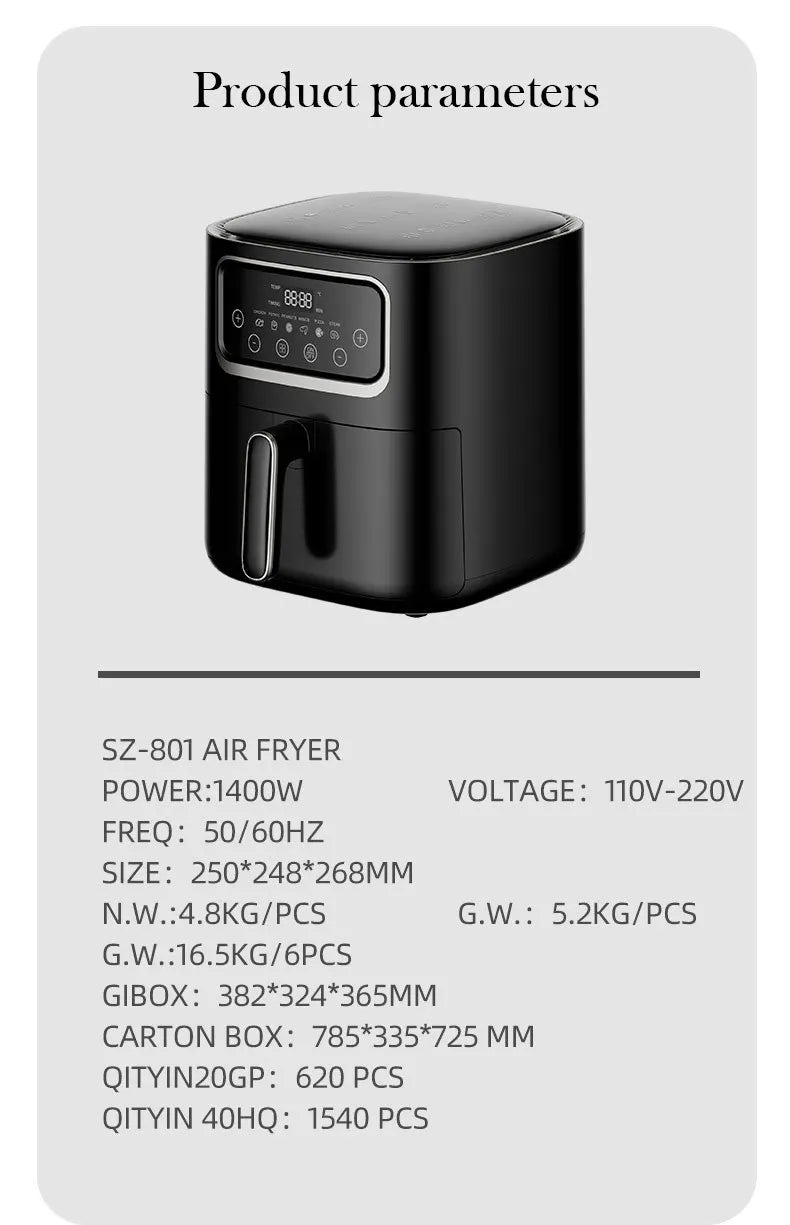 Stainless steel household 10 liter large capacity intelligent electronic digital fryer, oil-free multifunctional touch screen ai
