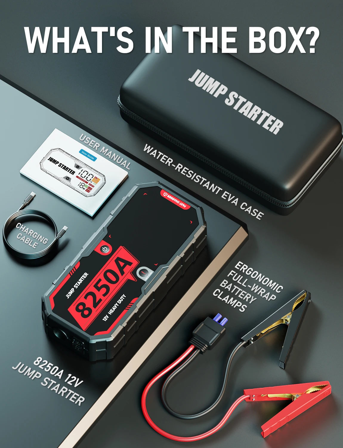 Jump-start big rigs and more with the powerful 8250A 12V Pro portable car battery booster—built to handle even the toughest jobs!