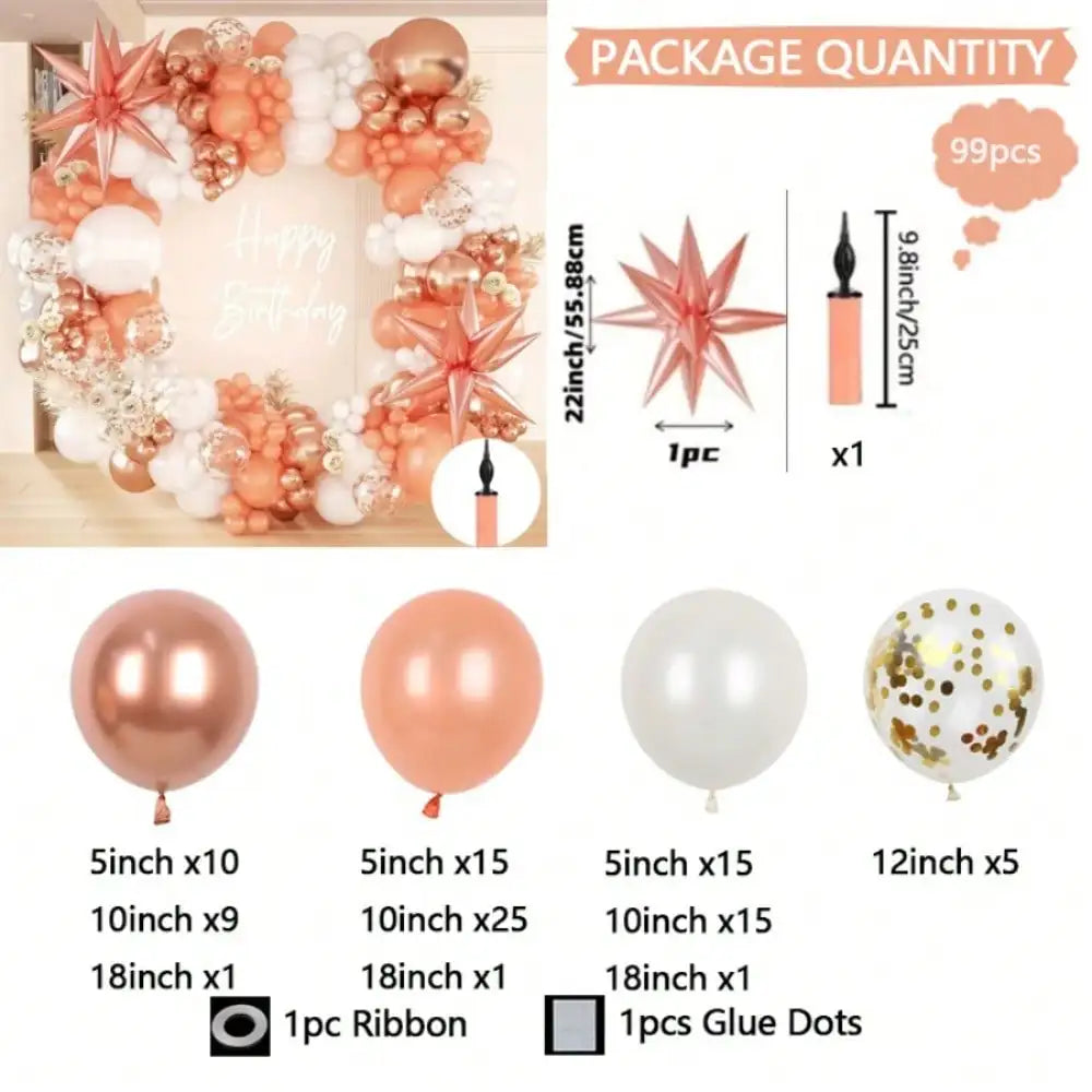 99pcs Rose Gold Orange White Balloon Garland Arch Kit, Star Foil Balloon & Gold Confetti Balloons, Boho Beach Wedding Bridal Shower Birthday Party Decor Supplies