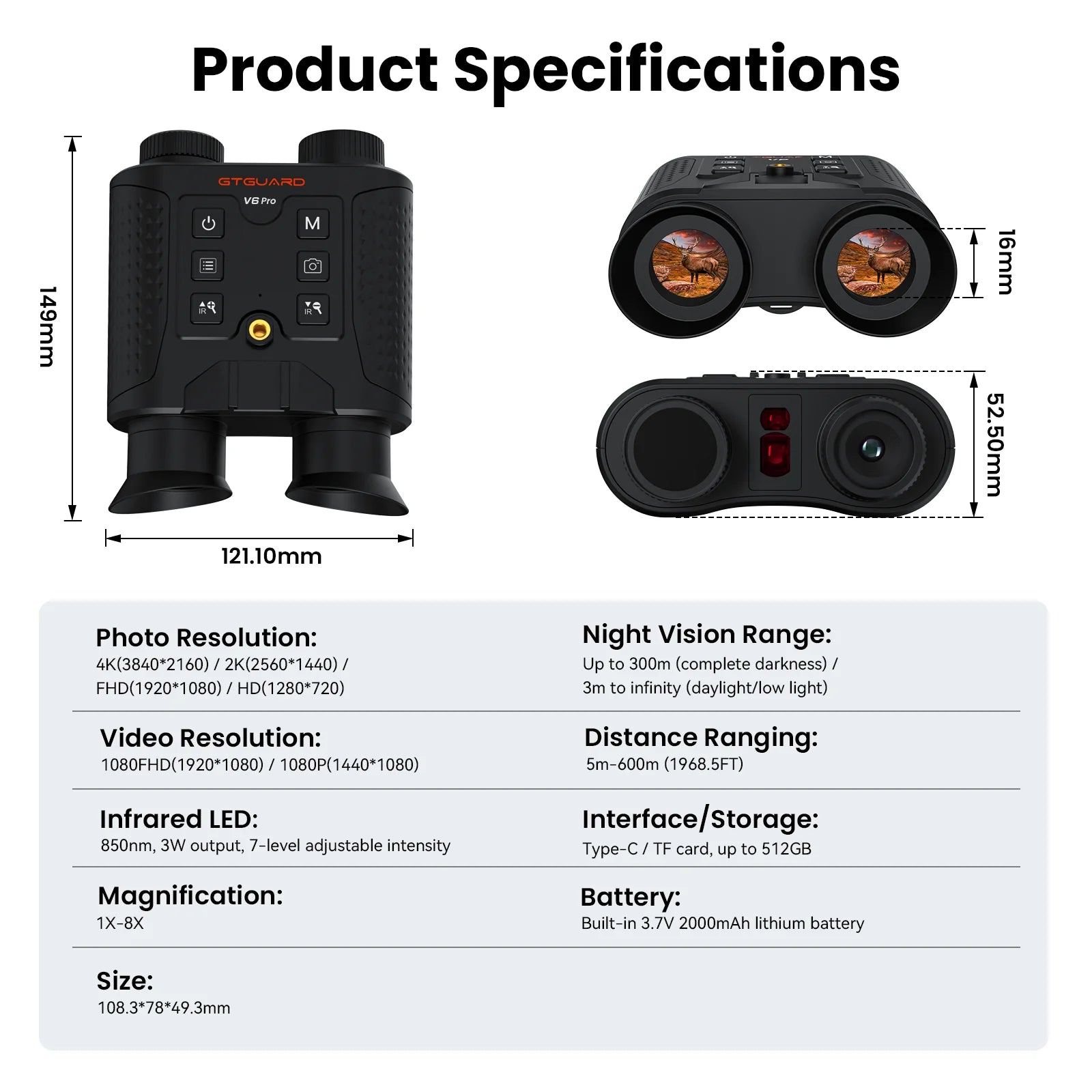 GTMEDIA V6 PRO Infrared 4K Night Vision Binoculars Goggles 8X Digital Zoom 300M Full Darkness Photo&Video Telescope for Hunting