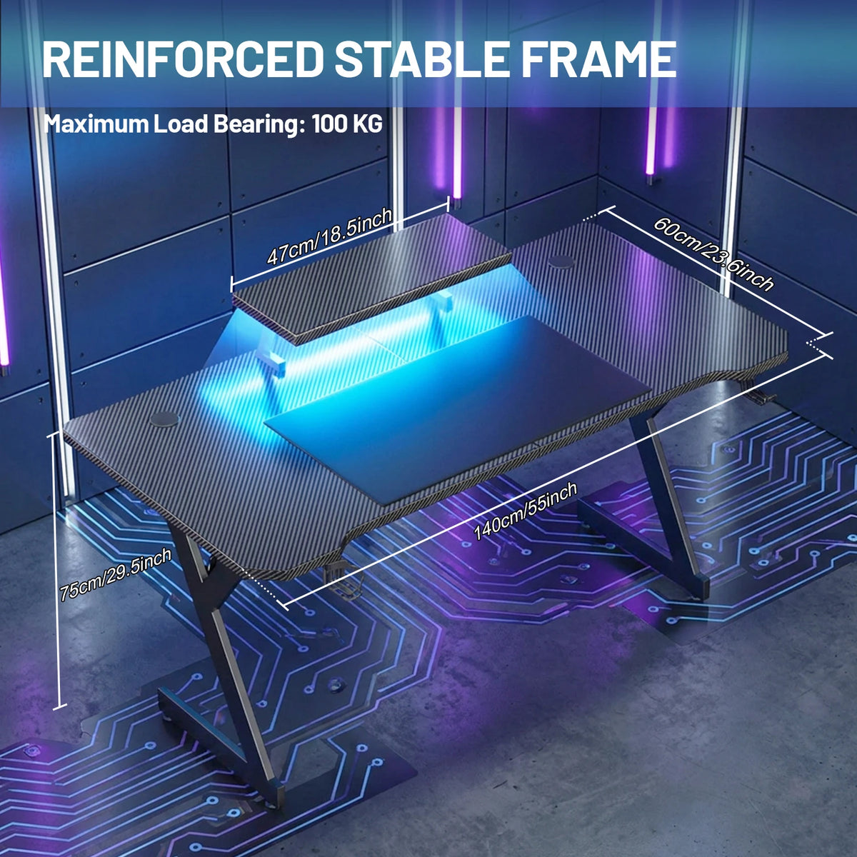 NEBMAAX Gaming Desk with LED Lights, Ergonomic Monitor Stand & Cup Holder, Large Computer Desk with Headphone Hook for Home Office, Black