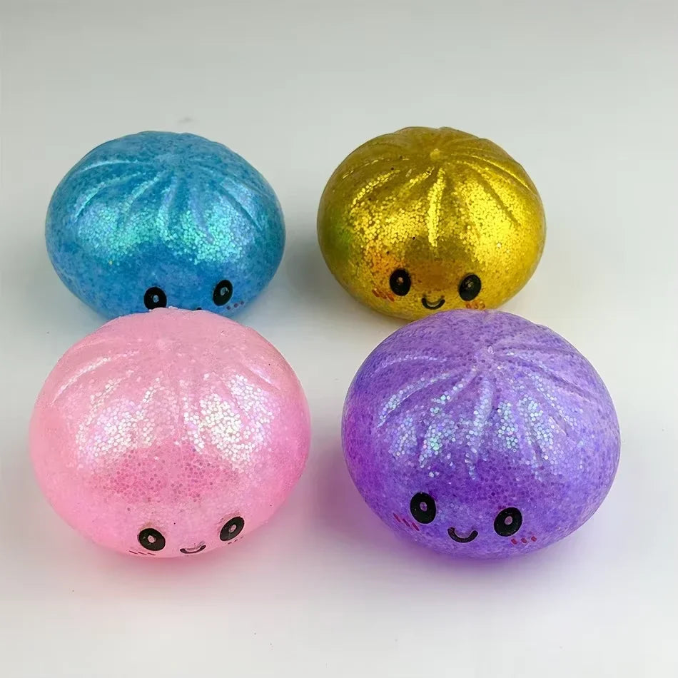 Glitter Dumpling Squishy with Box Dumplings Sensory Steamer Soft TPR Dough Ball for Decompression Fidget Toy Stress Relief Gift