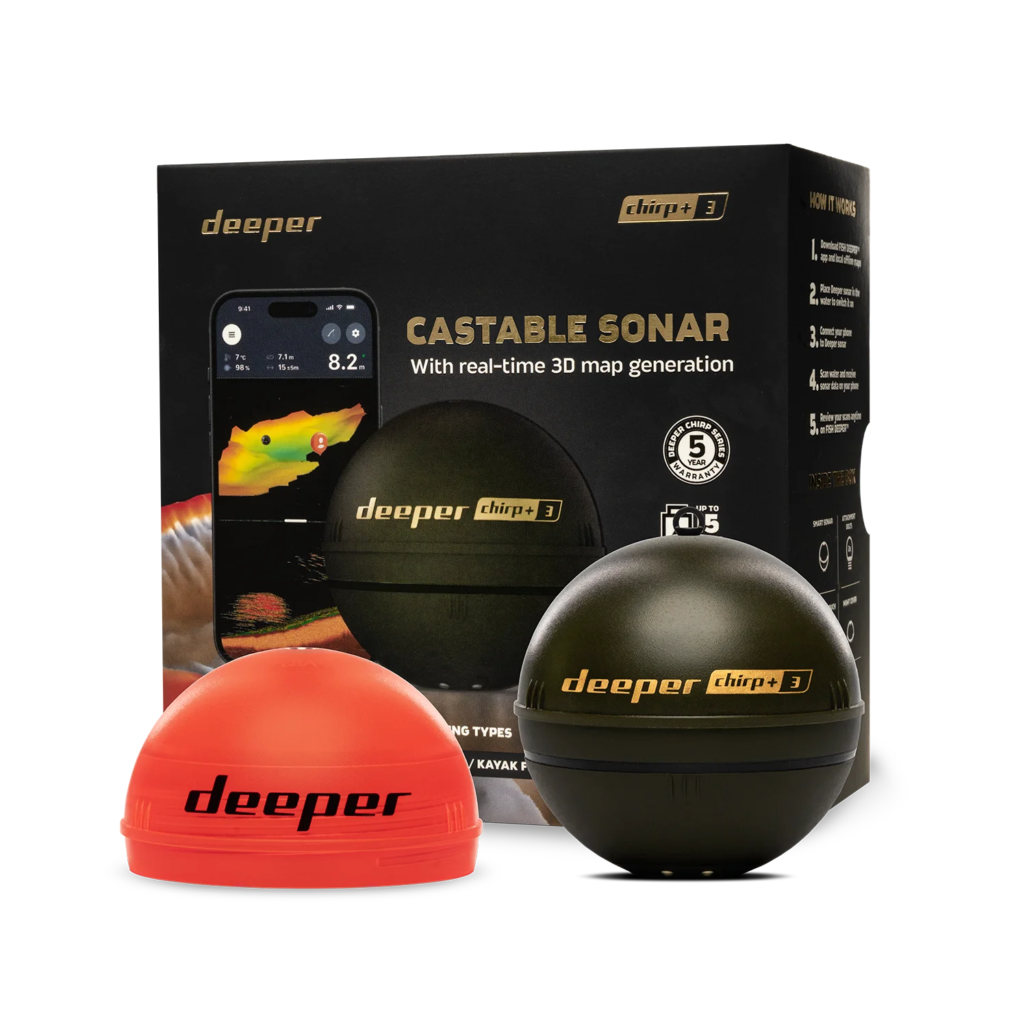Deeper Smart Sonar Chirp+3 Fish Finder, 3rd Gen CHIRP 15H Battery 3D GPS Mapping Wireless for Ice/Shore/Boat Fishing iOS/Android