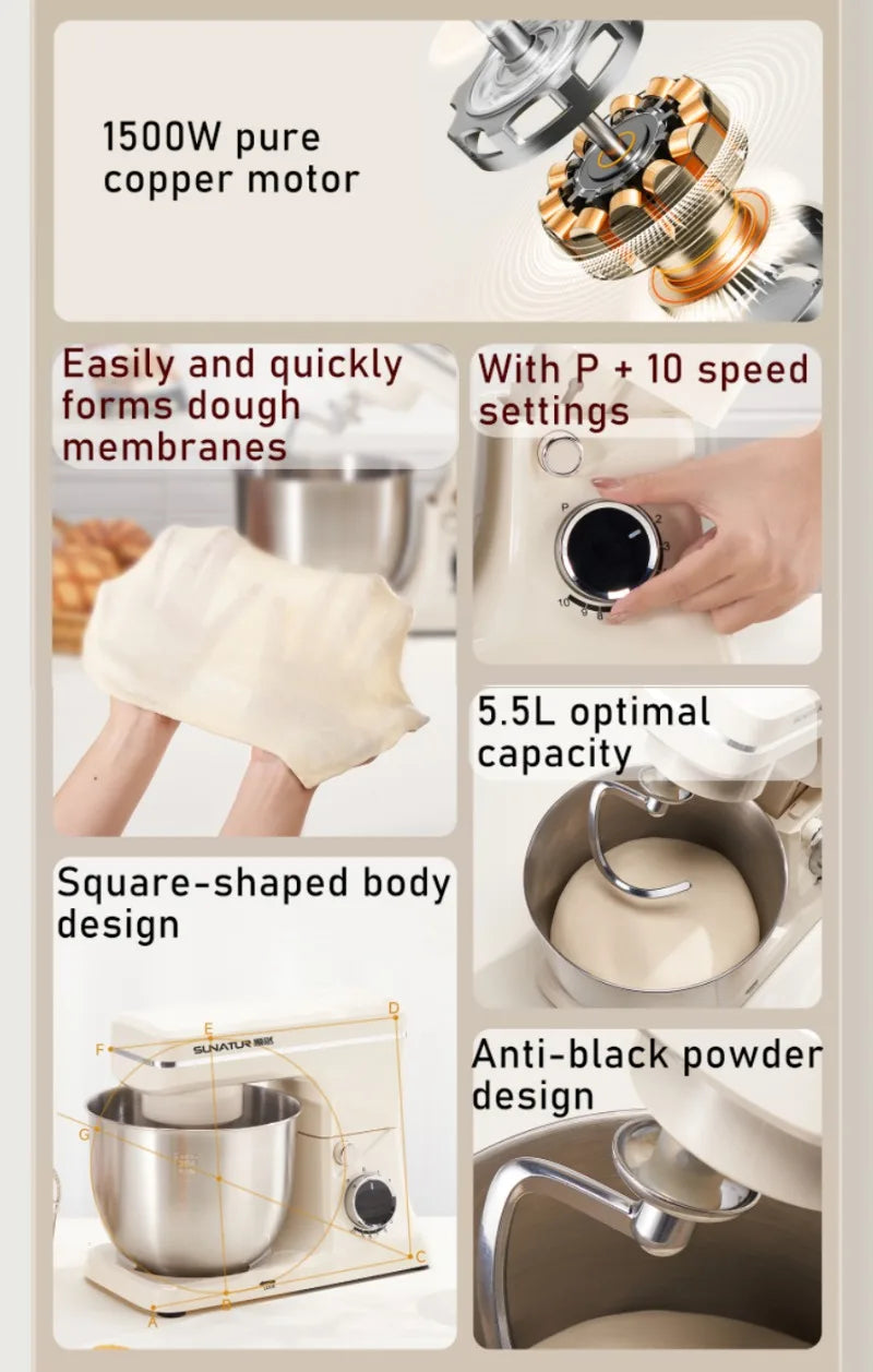 SUNATUR 5.5L New Planetary Stand Mixer Chef Machine Household Automatic Dough Kneading Home Appliance Professional 220V