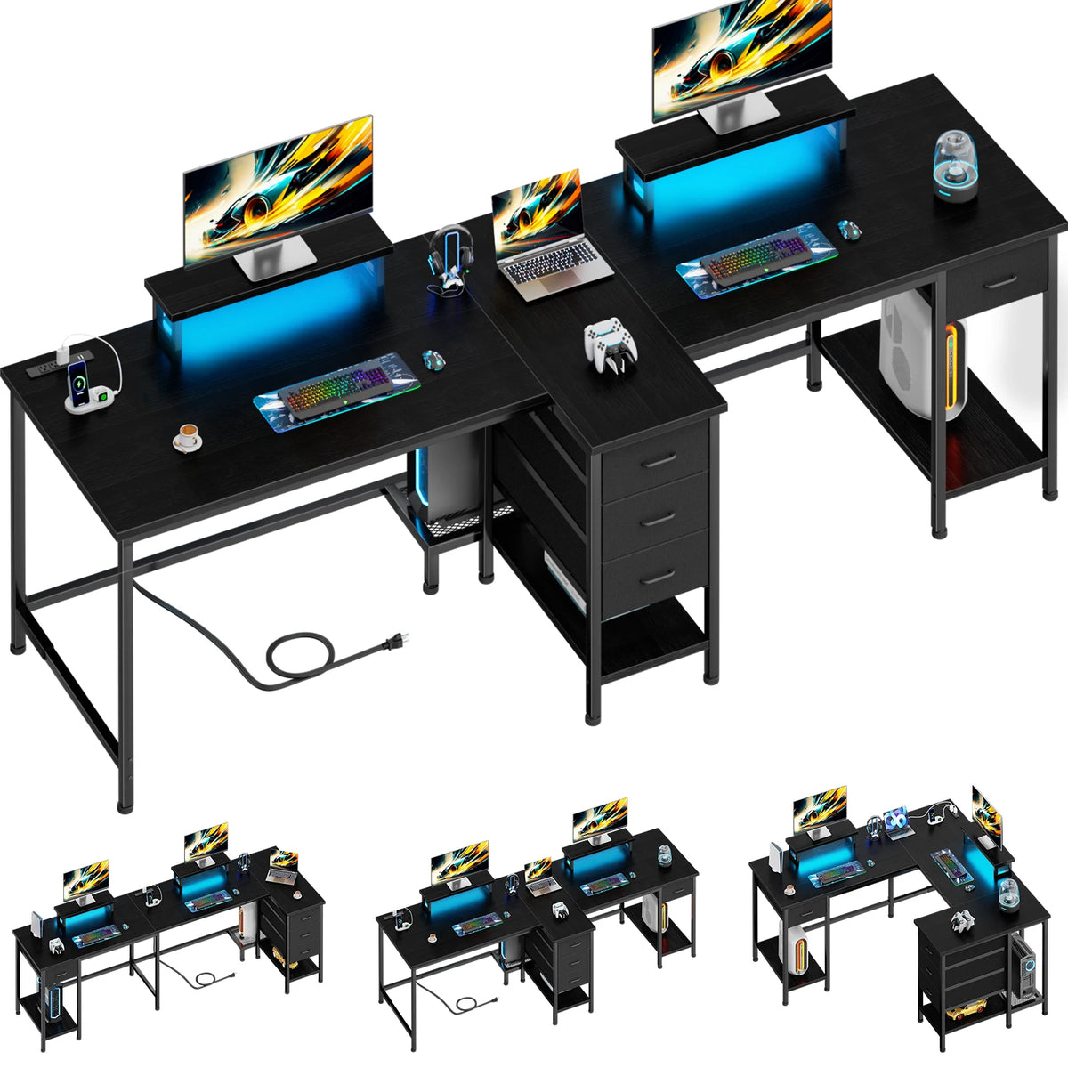 Satifur 93 inch 2-person Office Desk with Power Sockets and LED Lights,61in Computer Desk,Home Work Desk,Monitor Stands, Drawers