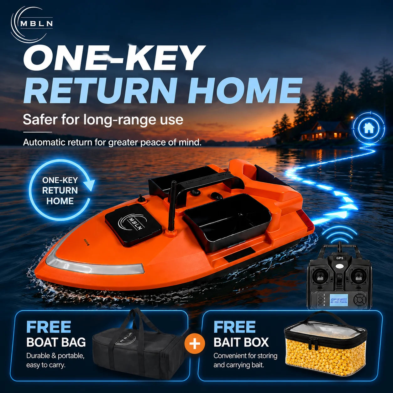 GPS RC Bait Boat with 40 GPS Points, Smart Return, Long Battery Life, 2KG Load, Free Boat Bag & Bait Box